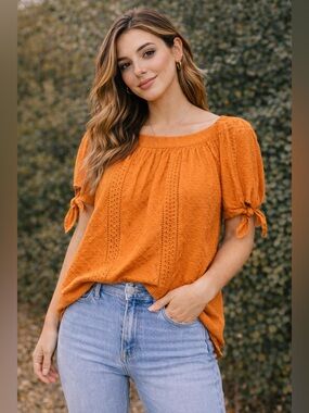 Universal Thread Burnt Orange Eyelet Top